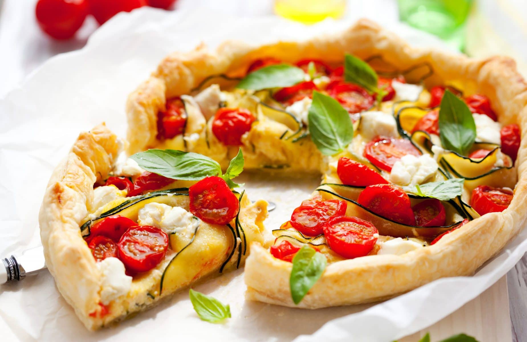 Tomato, parmesan and courgette quiche