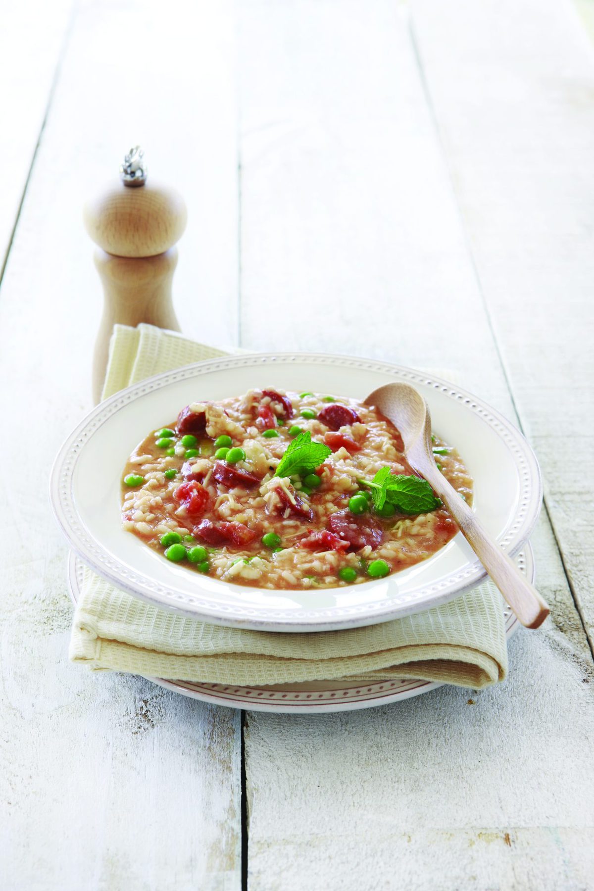 Tomato, chorizo and minted pea risotto