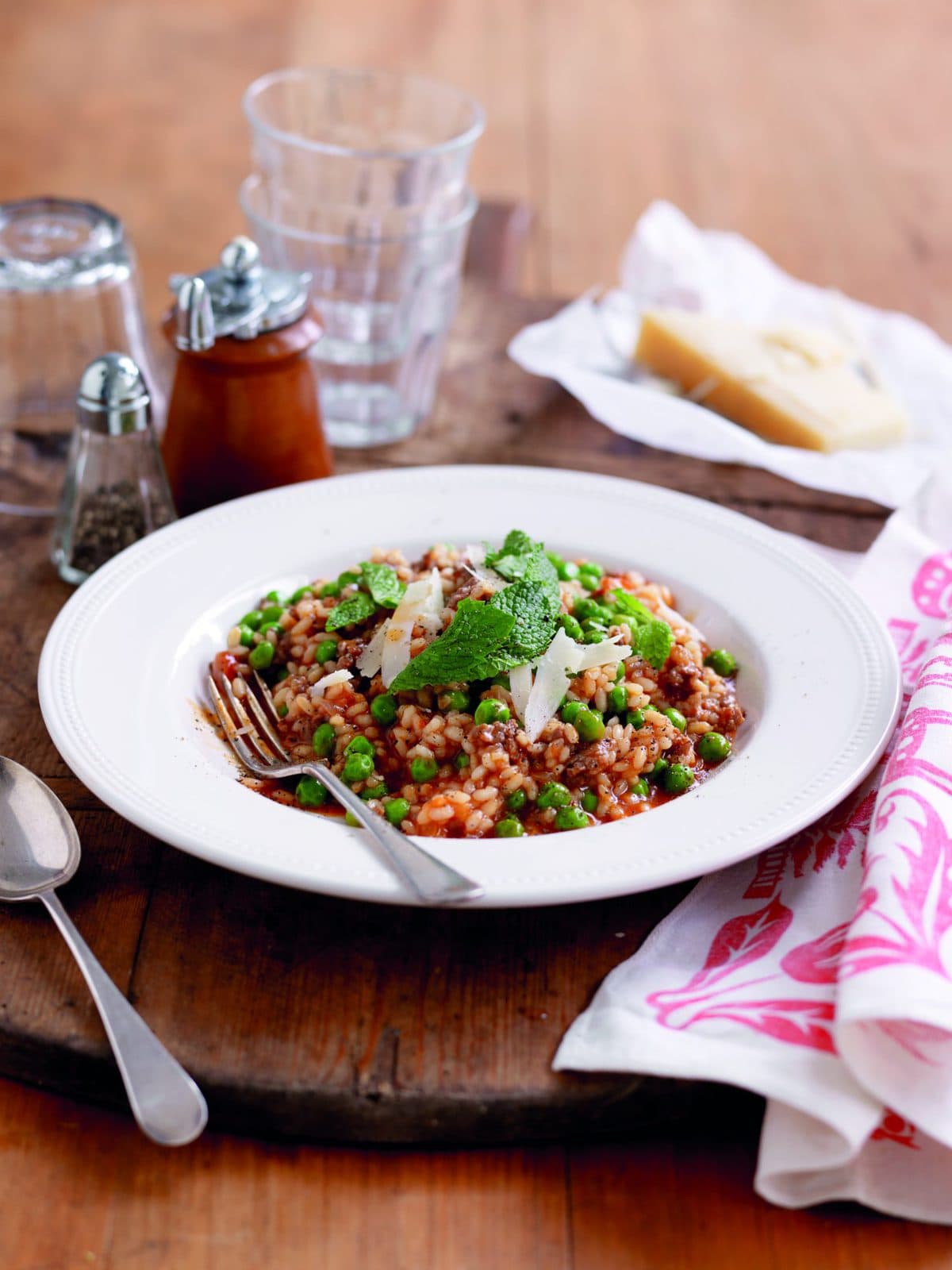 Tomato, sausage and minted pea risotto