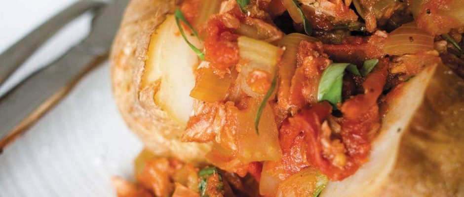 Tuna and basil sauce in jacket potatoes