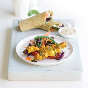 Turmeric and herb chicken kebabs with spinach wraps
