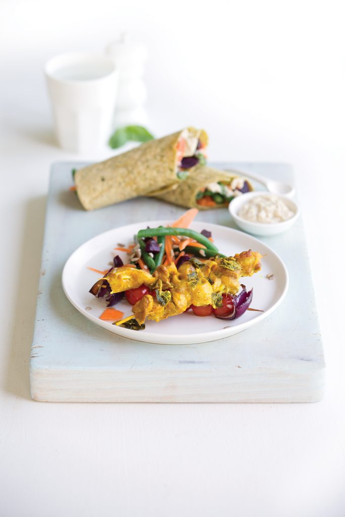 Turmeric and herb chicken kebabs with spinach wraps Turmeric and herb chicken kebabs with spinach wraps