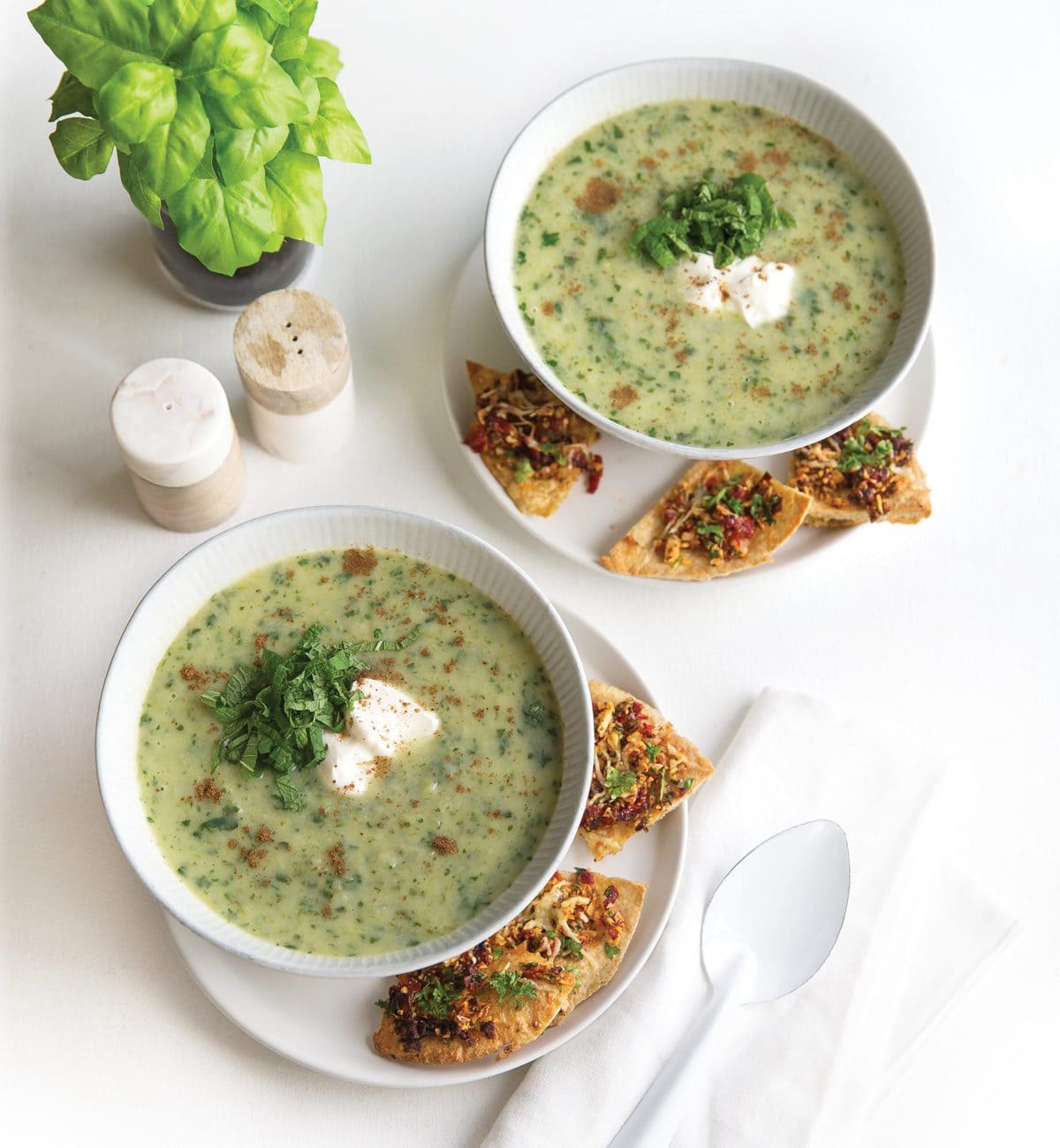Leek, kale and potato soup with pizza pitas