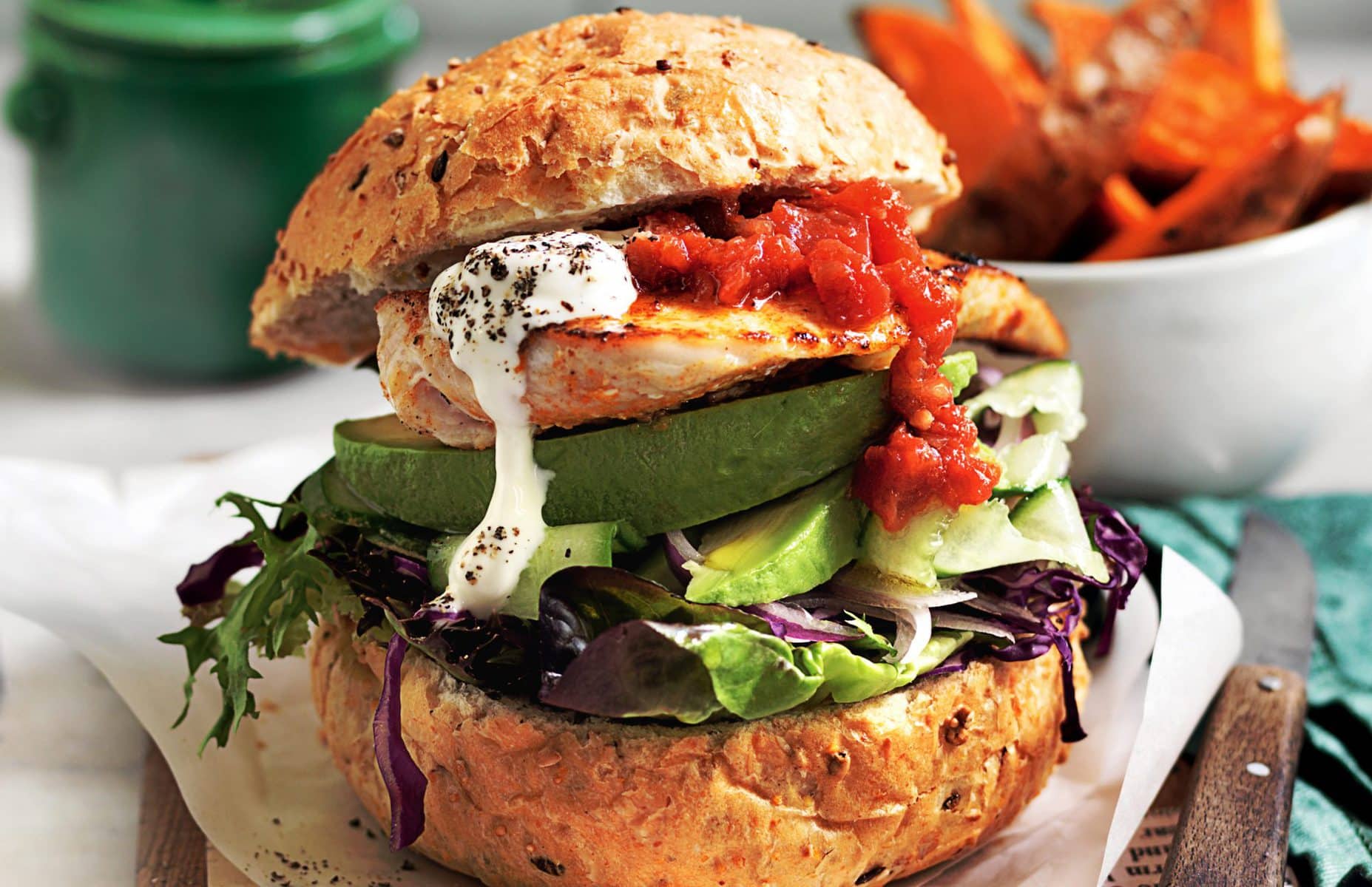 Mexican chicken burgers with golden kumara wedges