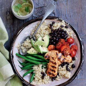 Quinoa bowl with grilled chicken, black beans and avocado