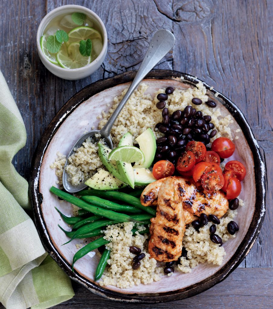 Quinoa bowl with grilled chicken, black beans and avocado