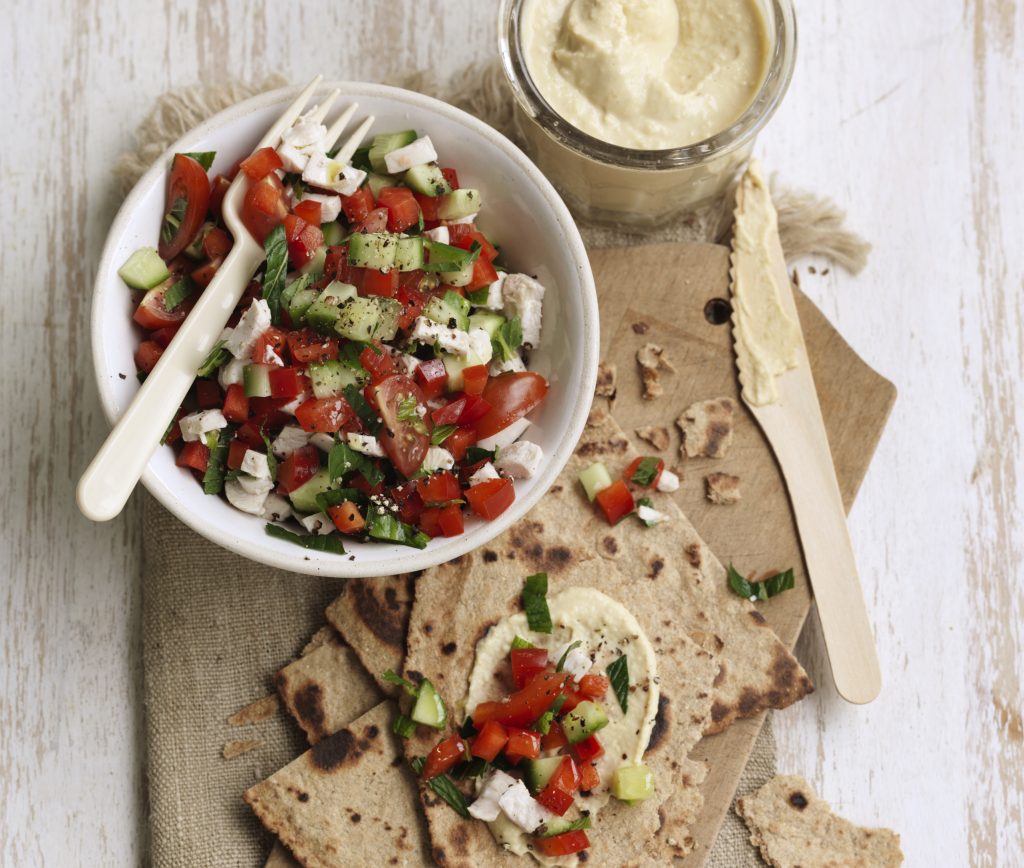 Chicken, tomato and cucumber salad with hummus Chicken, tomato and cucumber salad with hummus