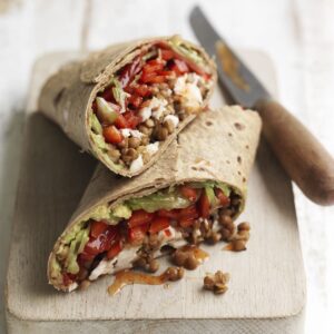 Chilli chicken, lentil and avocado wrap
