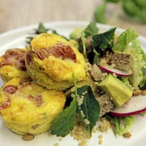 Courgette and tomato frittatas with avocado, quinoa and radish salad