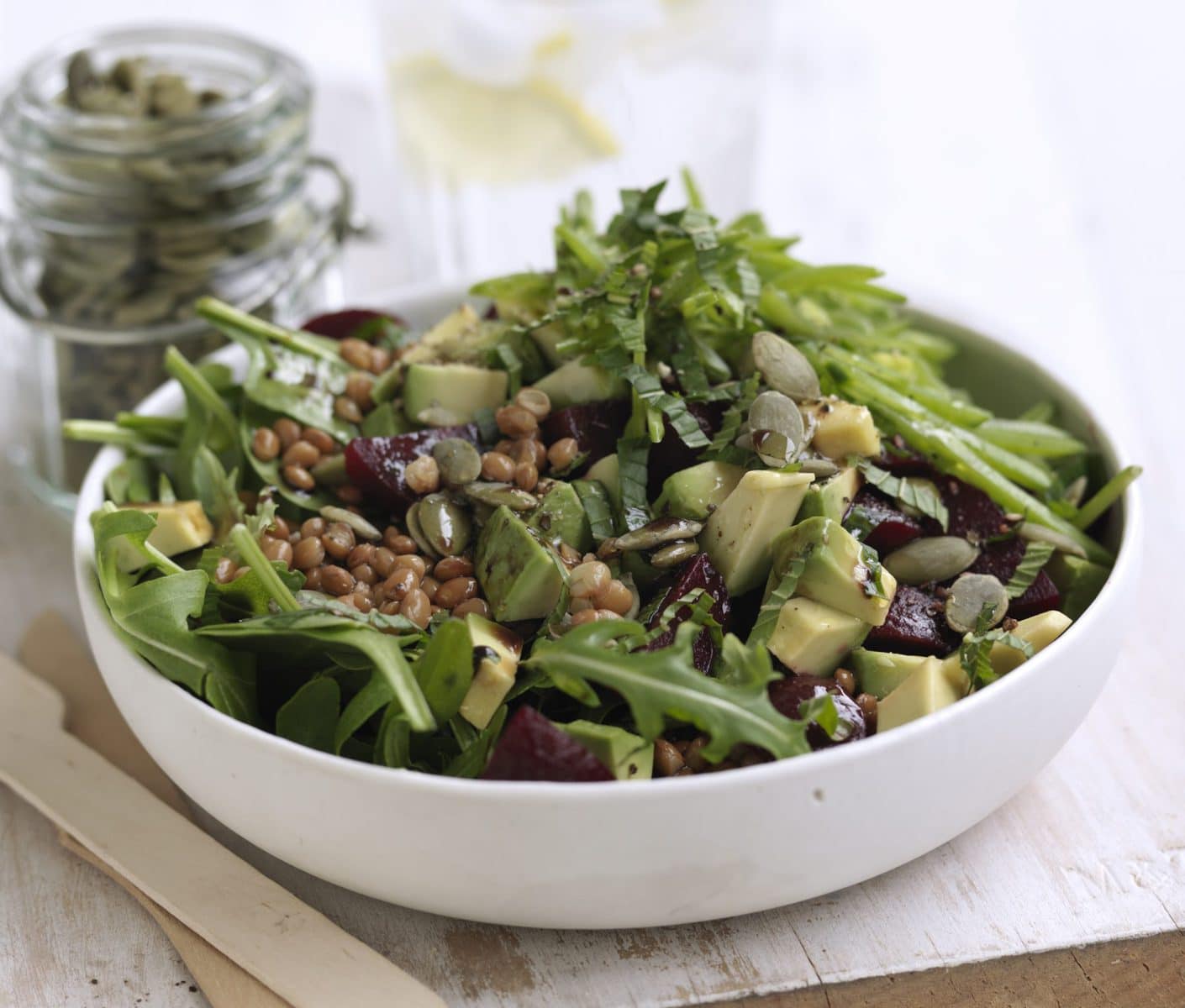 Lentil, beetroot, mint and green bean salad