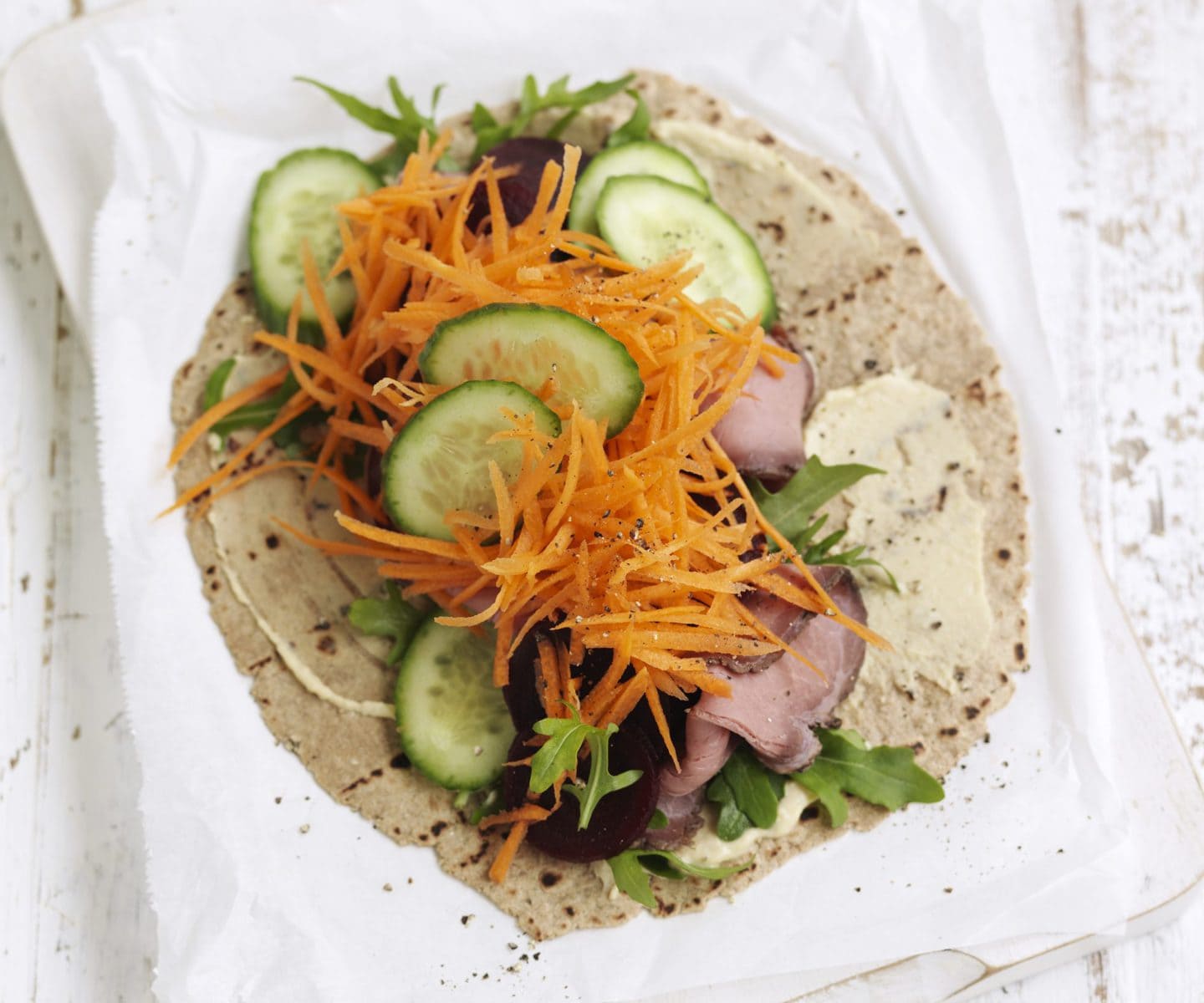 Rare roast beef, beetroot, cucumber and spinach wrap