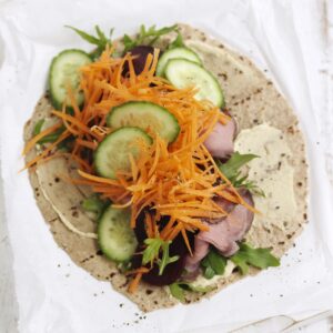 Rare roast beef, beetroot, cucumber and spinach wrap
