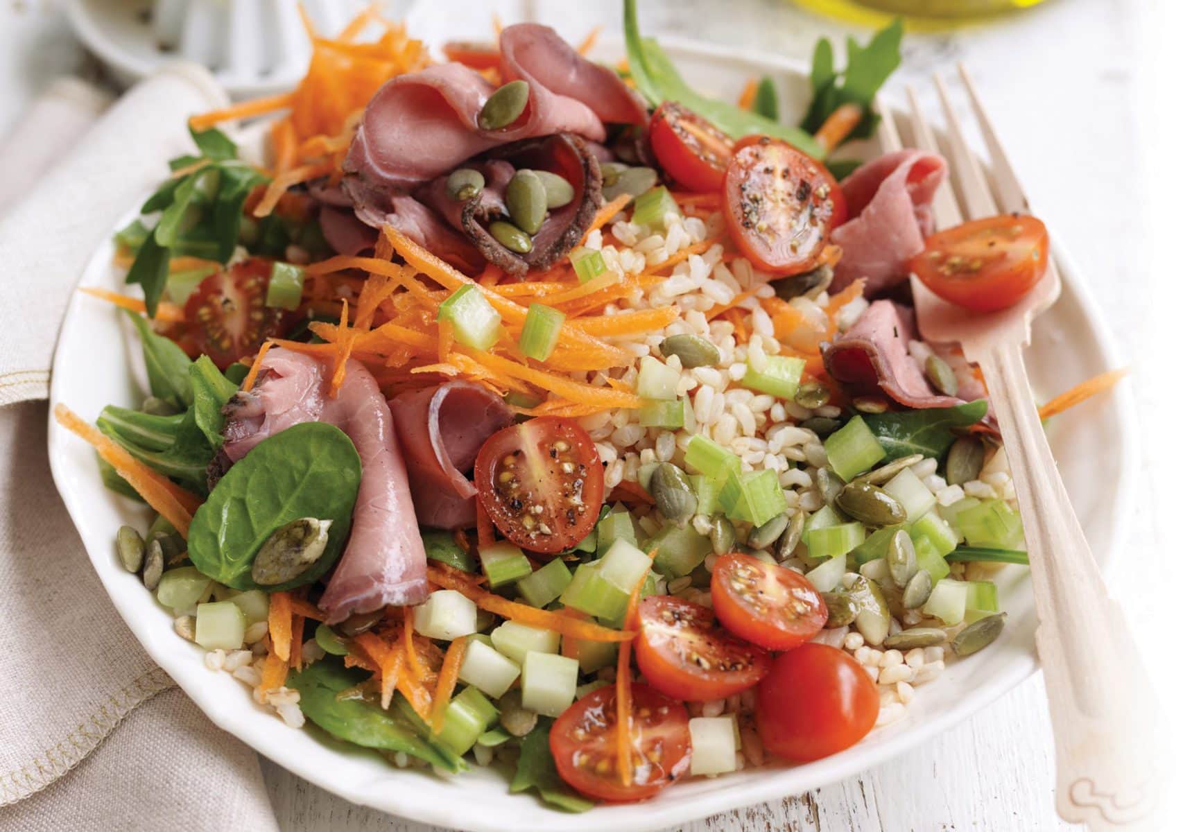 Rare roast beef, tomato, rocket and brown rice salad