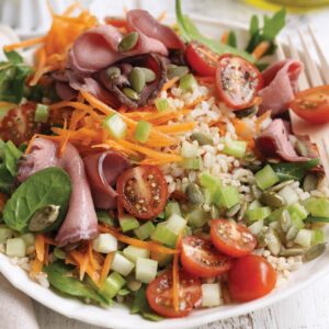 Rare roast beef, tomato, rocket and brown rice salad