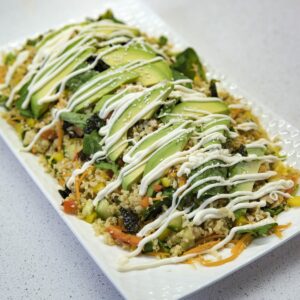 Sushi and avocado salad with garlic mayonnaise