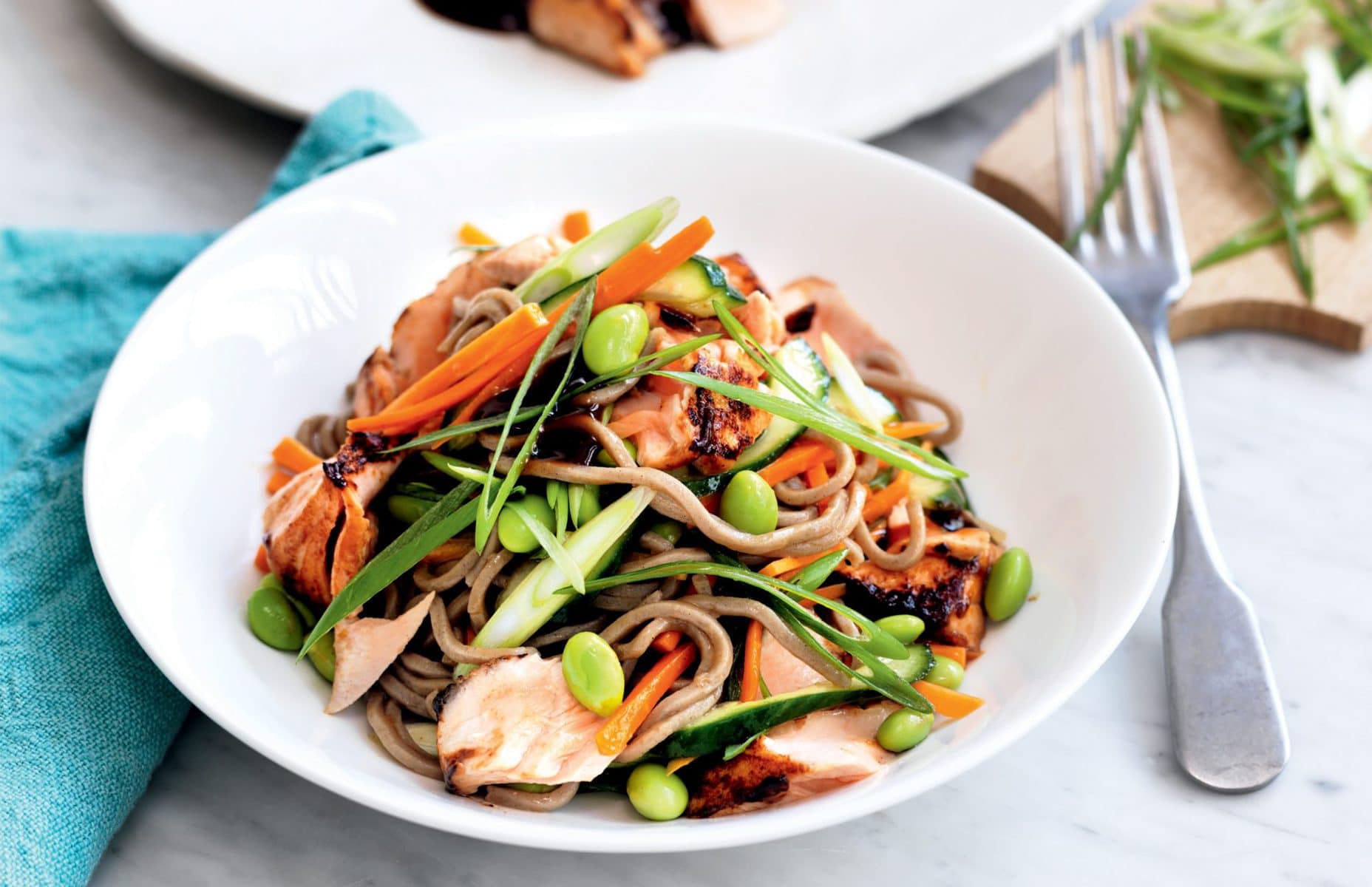Teriyaki salmon and edamame soba noodle salad