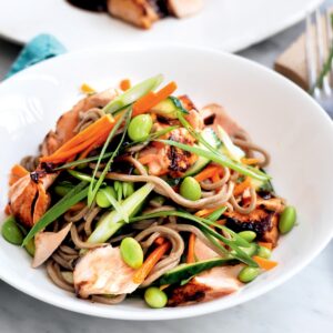 Teriyaki salmon and edamame soba noodle salad