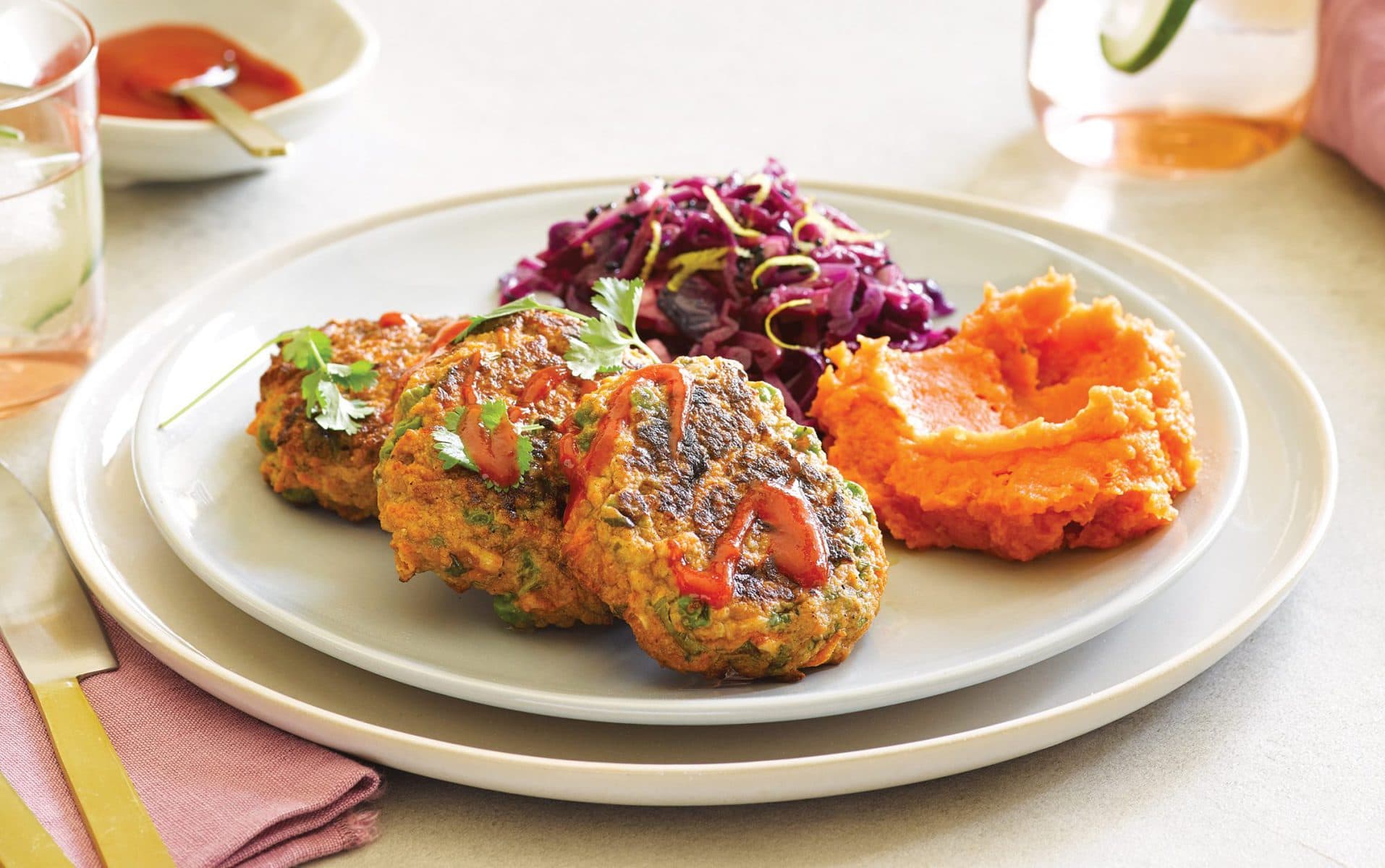 Thai turkey cakes with ginger and lemon cabbage and kumara mash