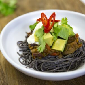 Vegetable chilli with black bean spaghetti