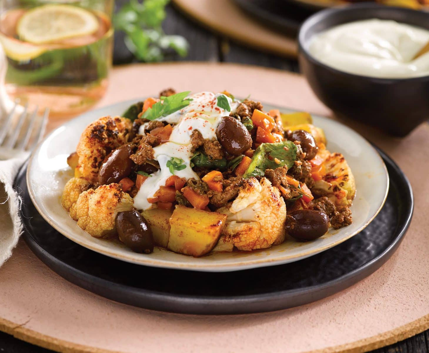 Lamb with olives, spiced cauliflower and potatoes