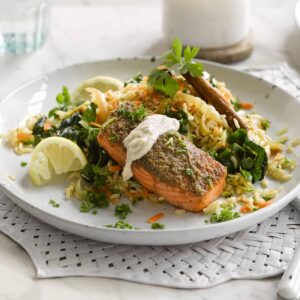 Nut and seed-crusted salmon with brown rice pilaf