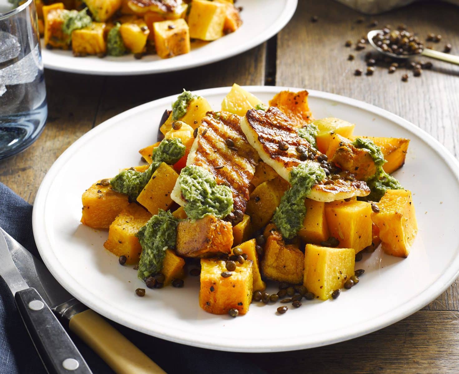 Roasted pumpkin with haloumi, crispy lentils and coriander dressing