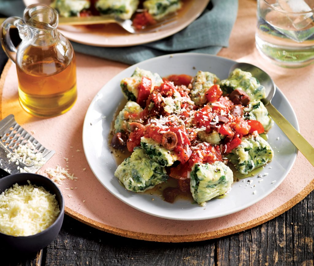 Spinach and ricotta gnudi with tomato and olive sauce Spinach and ricotta gnudi with tomato and olive sauce