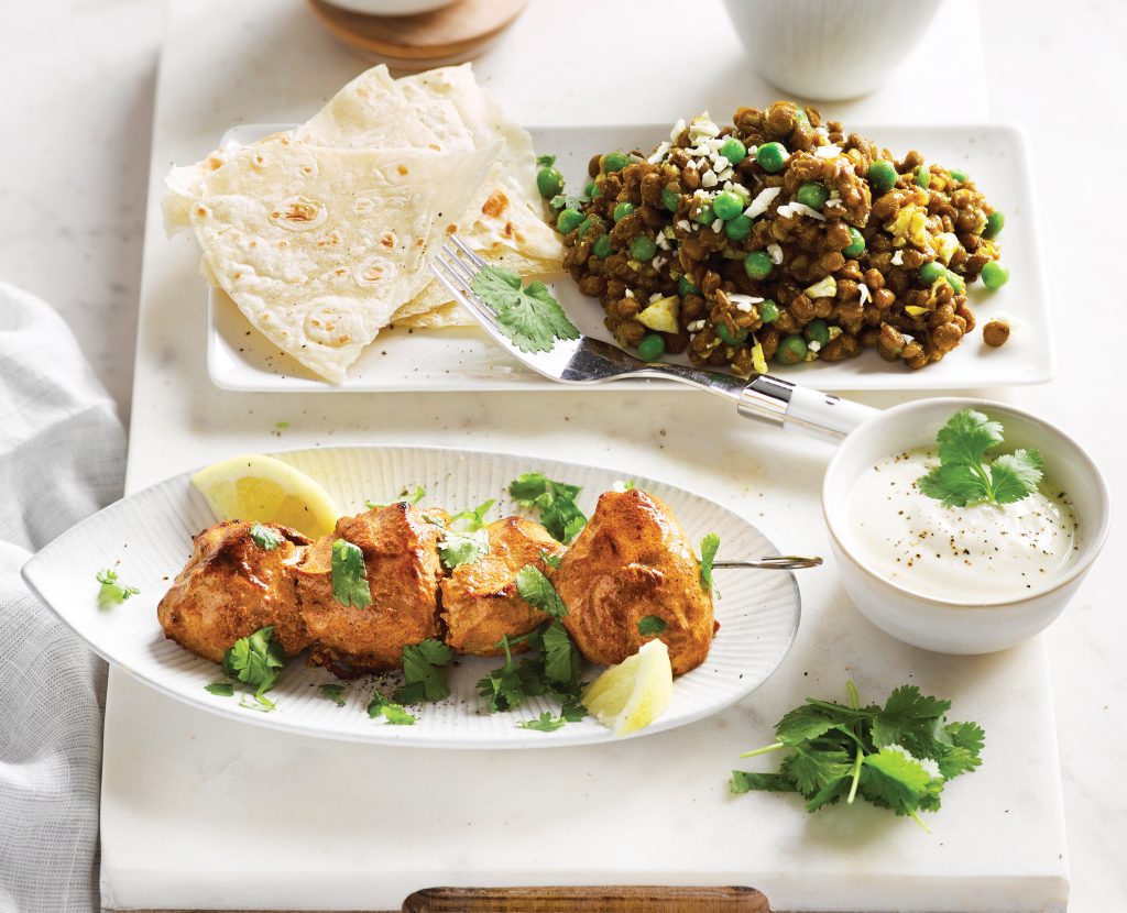 Tandoori chicken skewers with lentil, green pea and cauliflower dhal Tandoori chicken skewers with lentil, green pea and cauliflower dhal