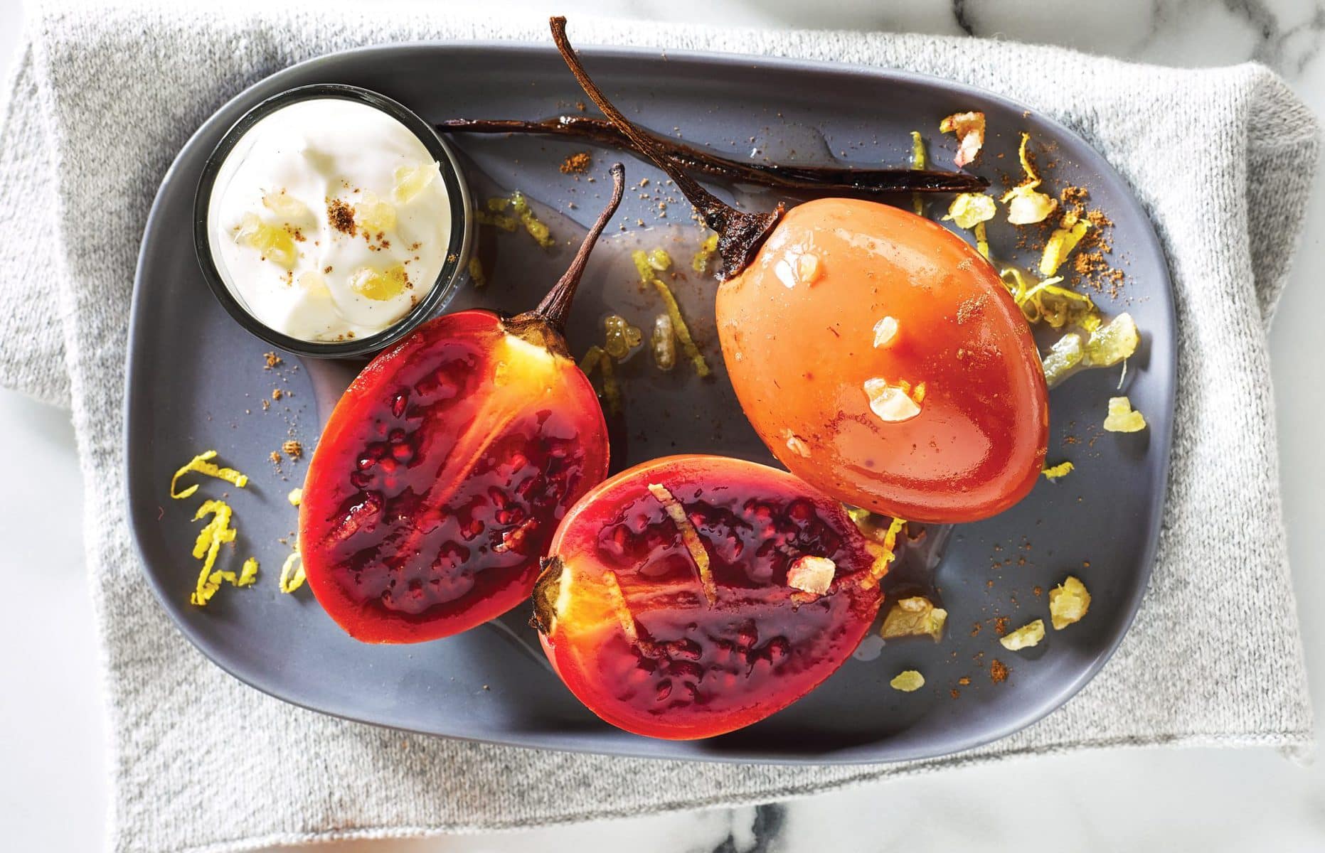 Honey vanilla tamarillos with ginger cream
