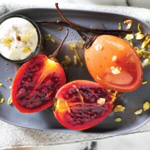 Honey vanilla tamarillos with ginger cream