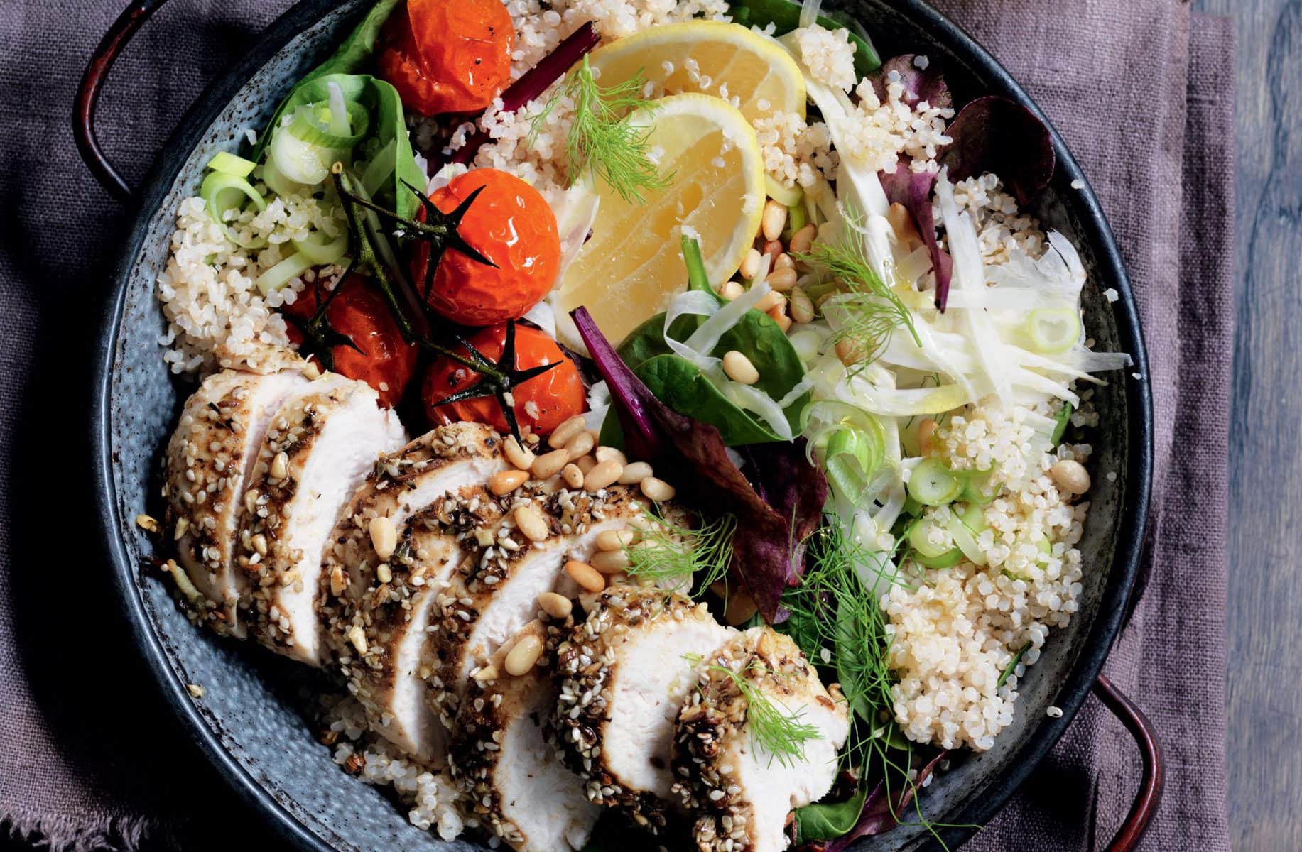 Dukkah-roasted chicken with fennel and quinoa salad