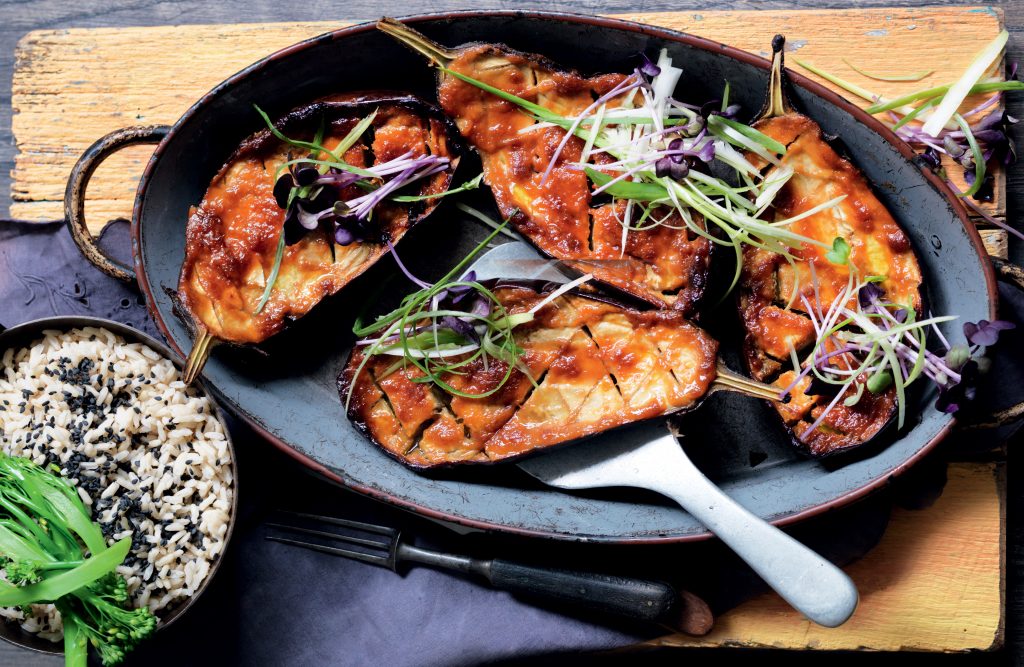 Miso-glazed roasted eggplant with sesame rice