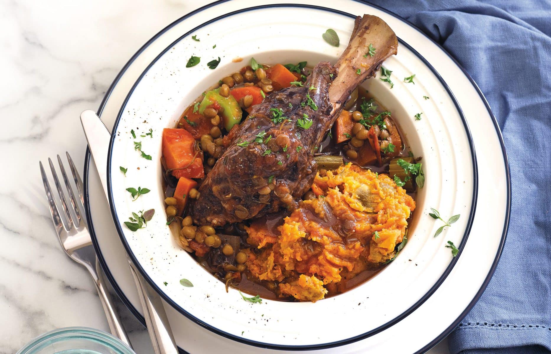 Slow-cooked lamb shanks with sweet potato mash