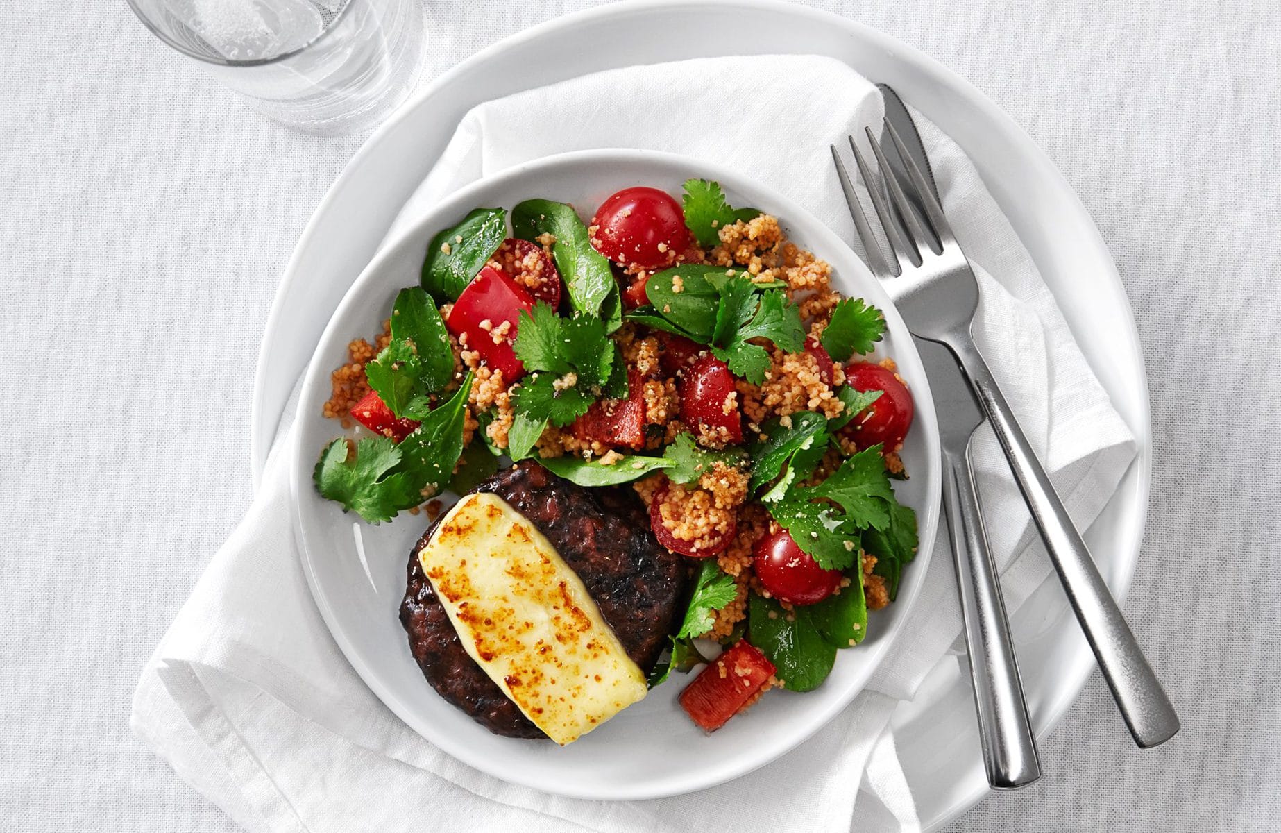 Beetroot burger melts with harissa couscous