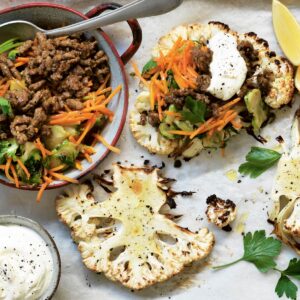 Cauliflower ‘steaks’ with Moroccan-spiced lamb