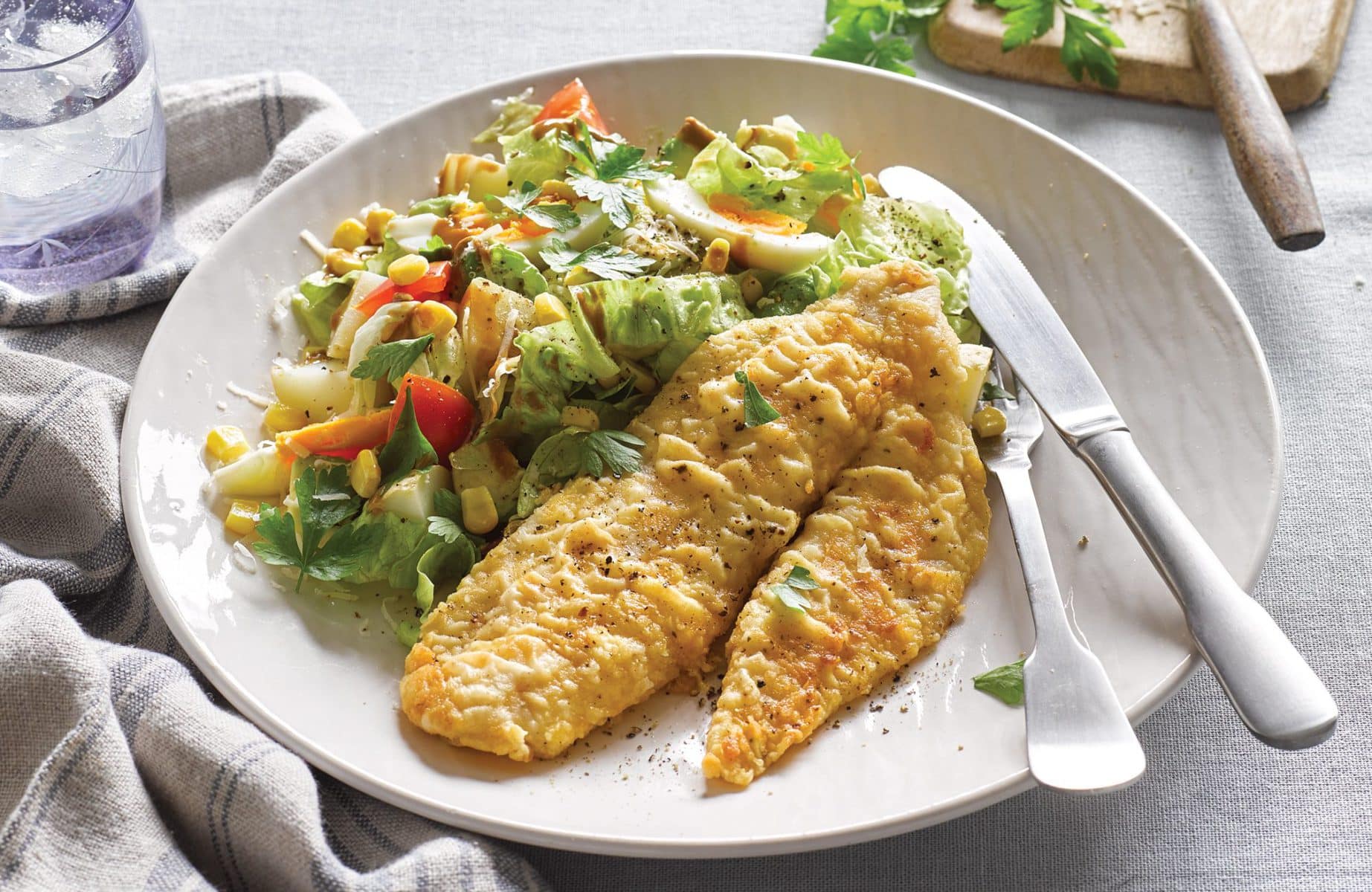 Cobb potato salad with crispy fish