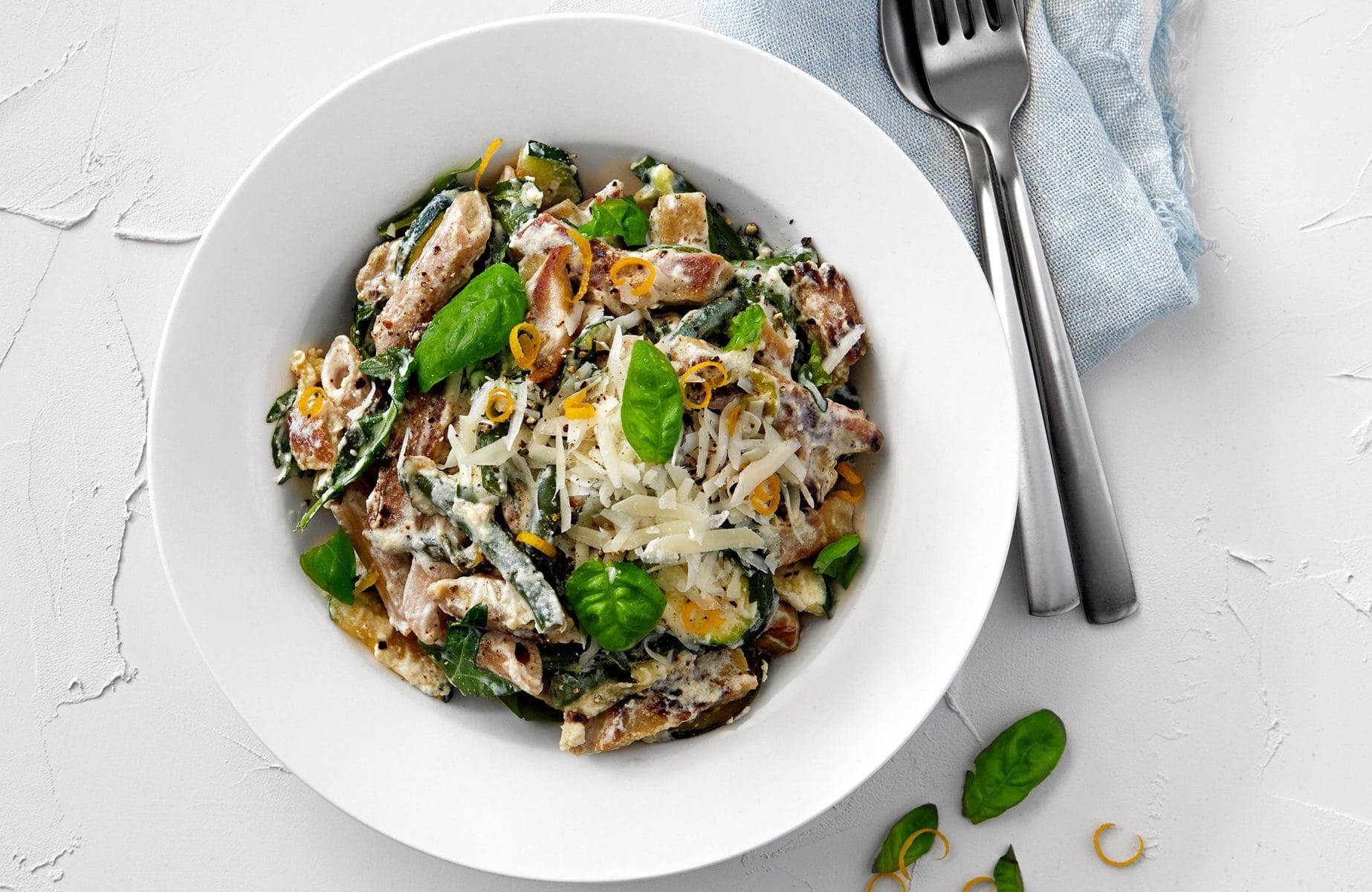 Creamy lemon and vege pasta with Chicken Free Strips