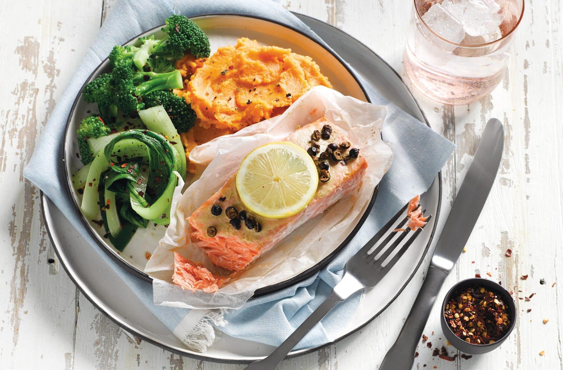 Mustard and juniper berry salmon with kumara mash
