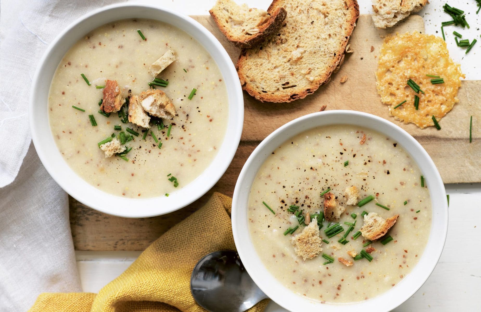 Parsnip and mustard soup with parmesan crisps