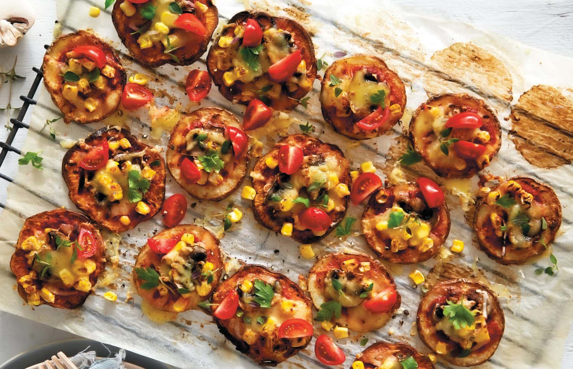 Potato and sweet potato mini pizzas