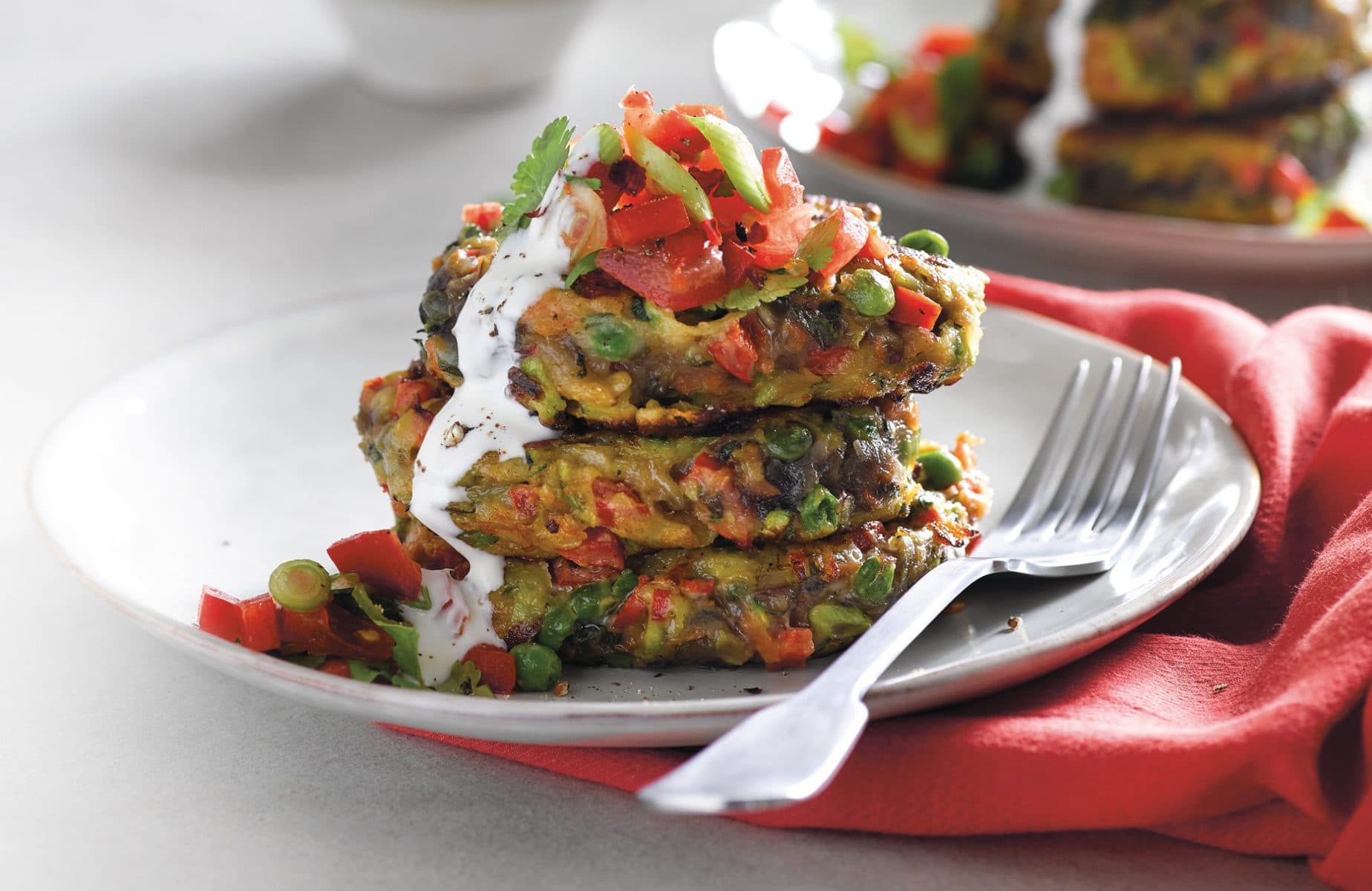 Spring vege and potato fritters with fresh tomato salsa