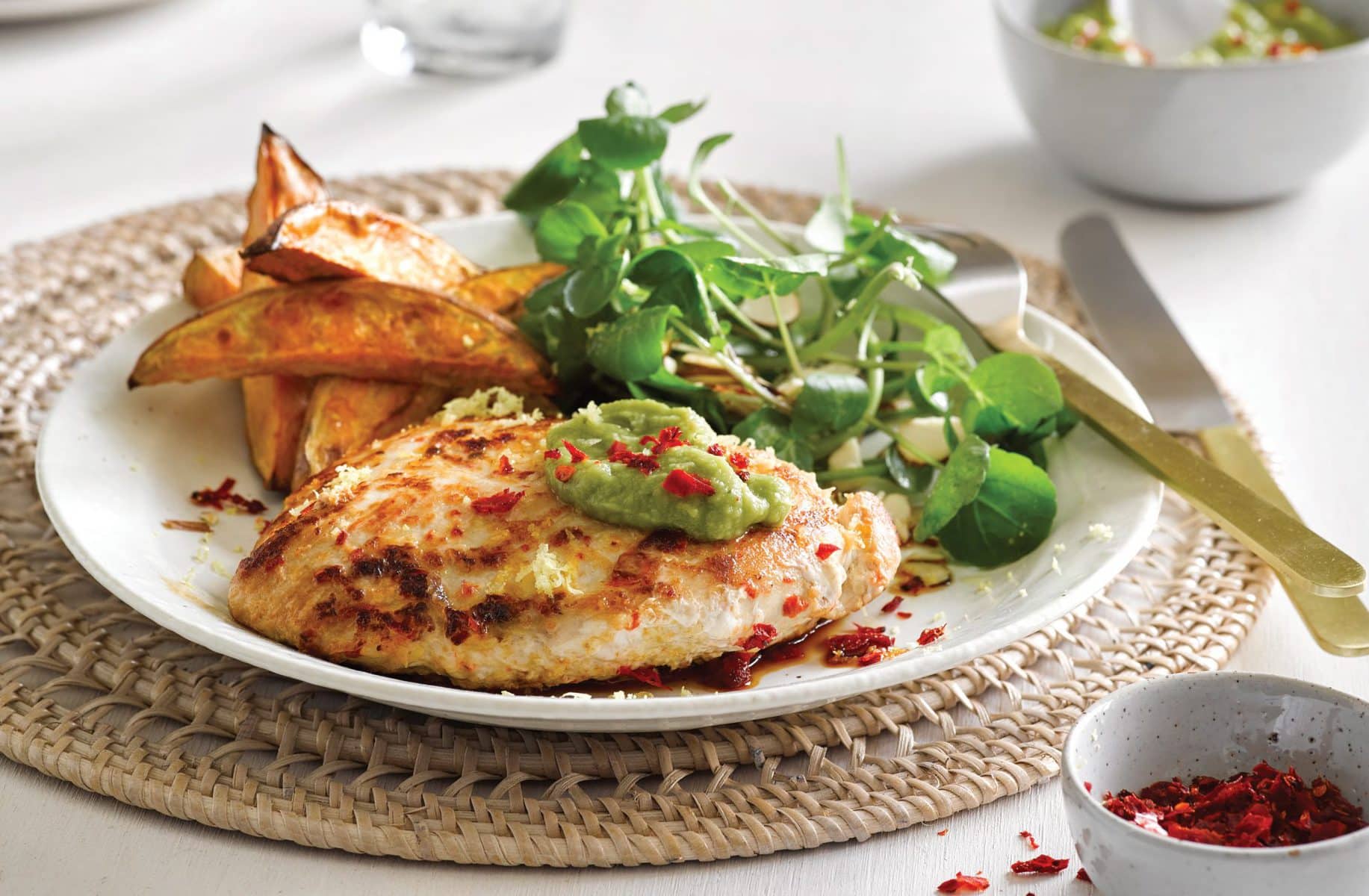 Lemon chilli chicken with kumara wedges and avocado smash