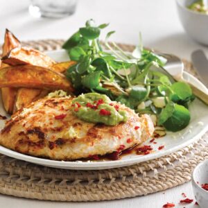 Lemon chilli chicken with kumara wedges and avocado smash