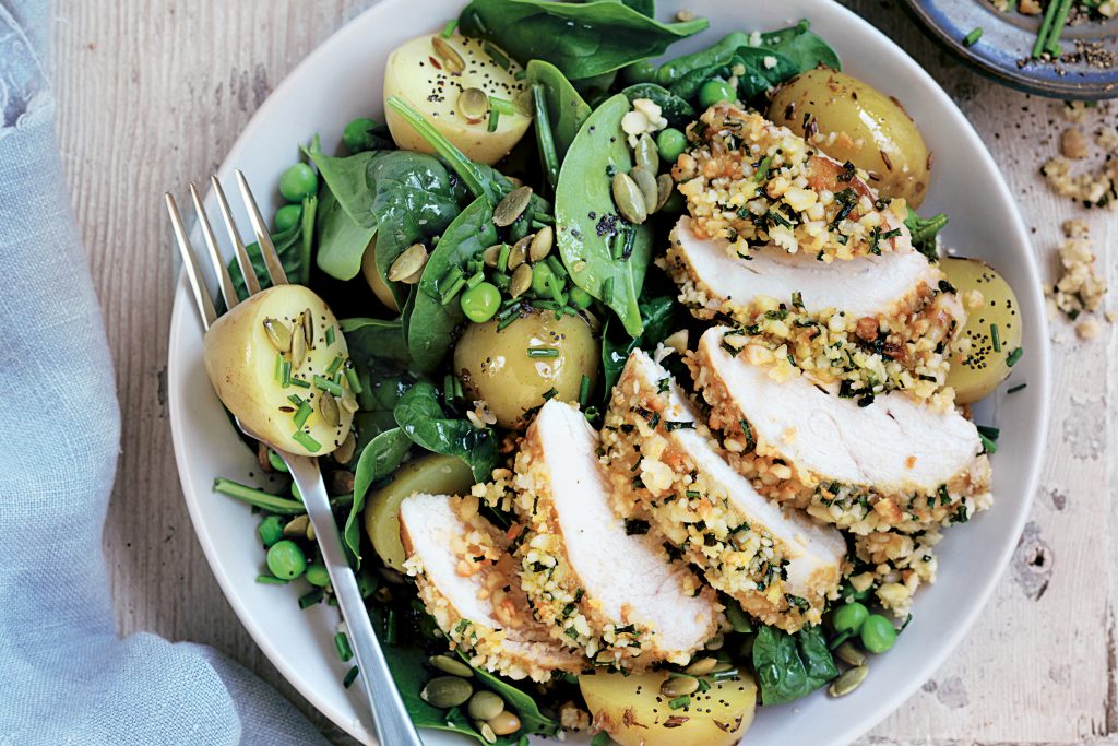 Macadamia-crusted chicken with potato salad Macadamia-crusted chicken with potato salad