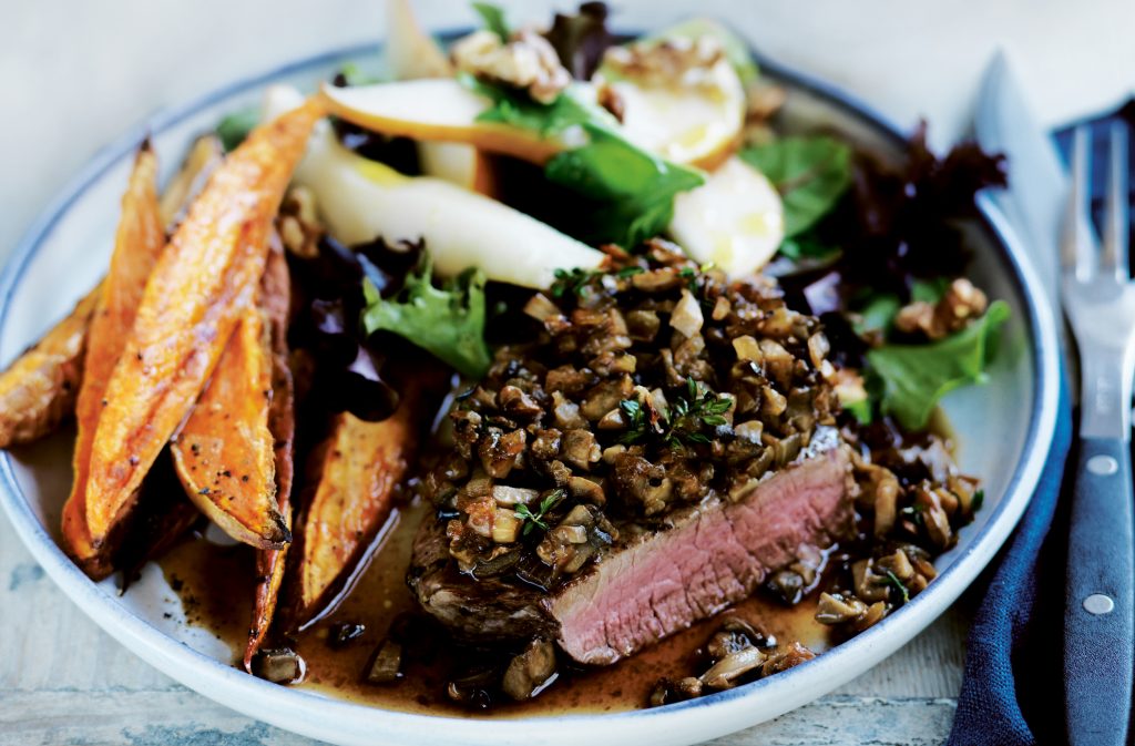 Mushroom and thyme-crusted beef with pear salad Mushroom and thyme-crusted beef with pear salad