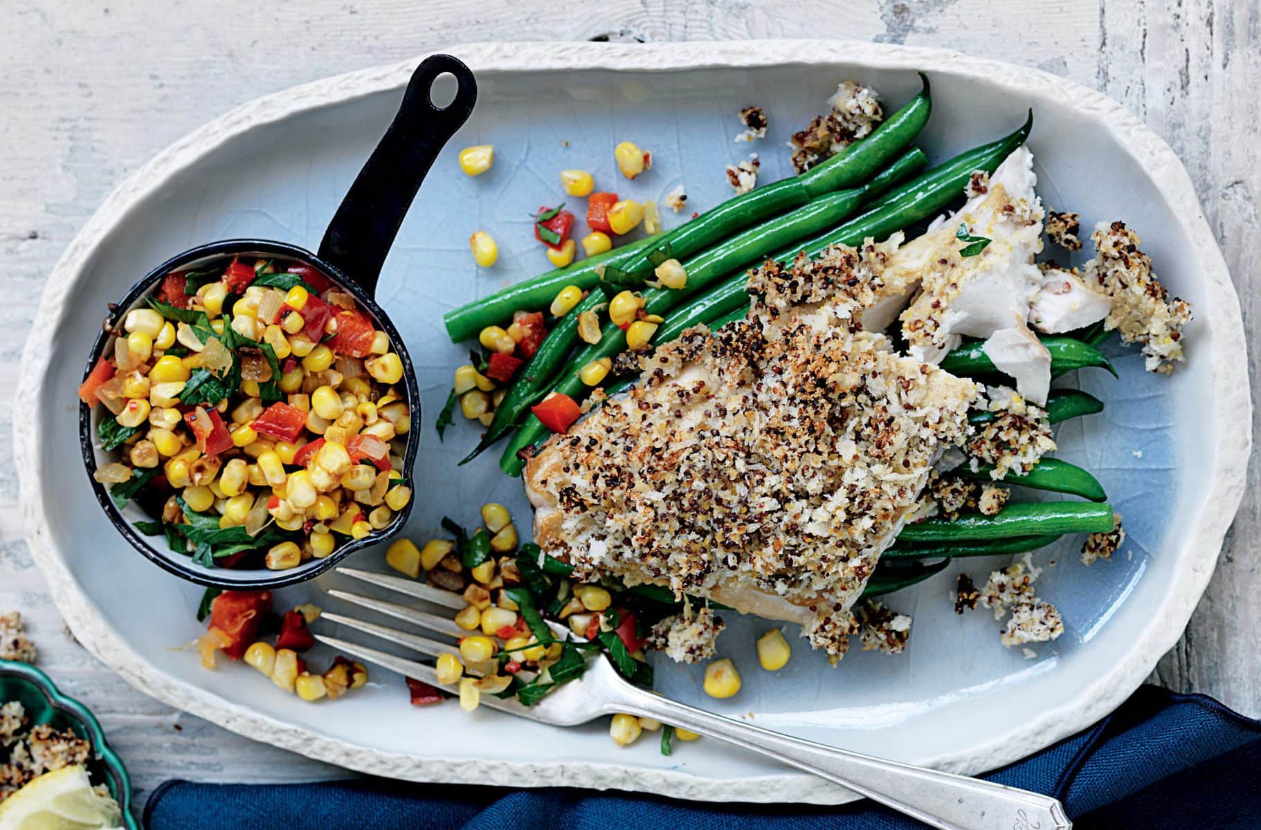 Mustard-coated fish with corn salsa