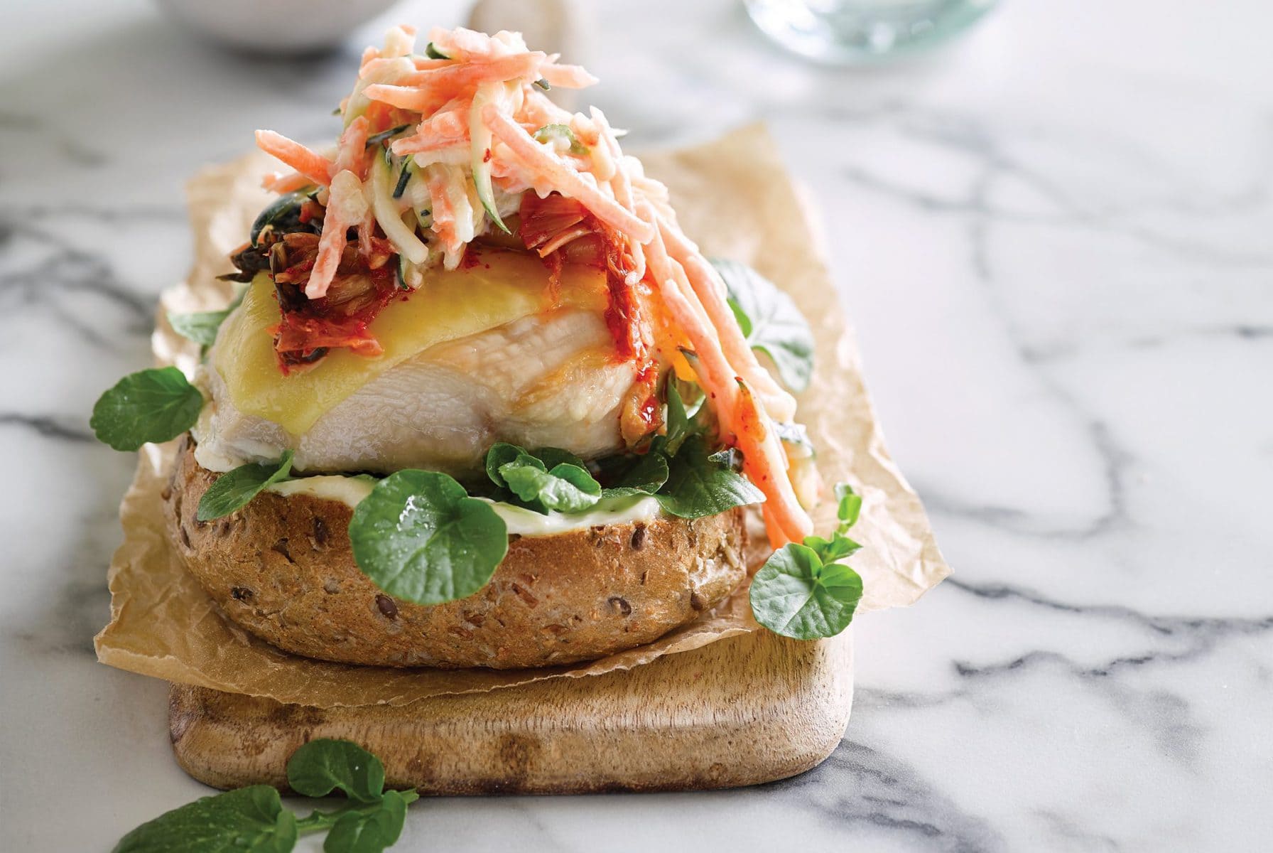 Open kimchi chicken burger