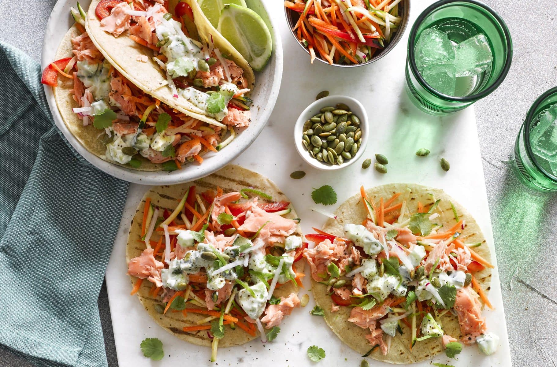 Salmon tortillas with creamy avocado salsa