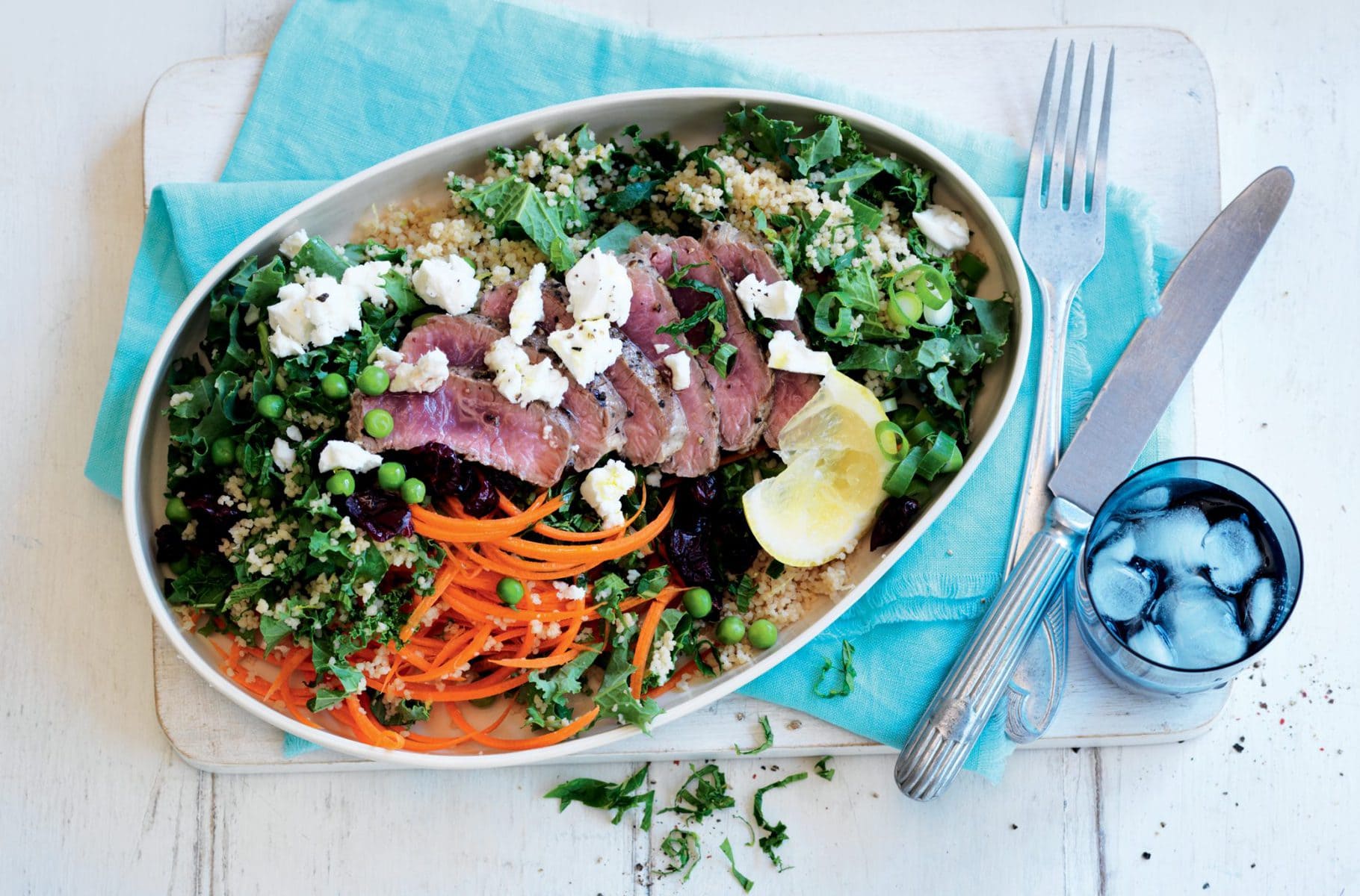 Chargrilled lamb with kale and pea couscous