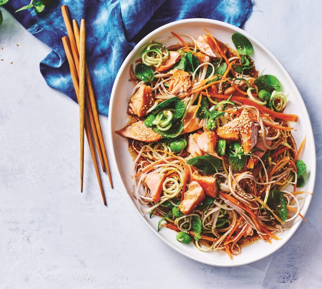 Daikon salad with sesame wasabi dressing and teriyaki baked salmon